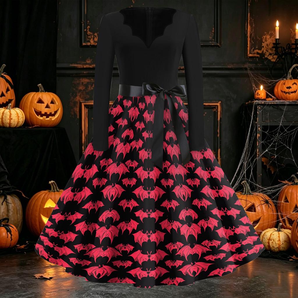 Women Casual Long Sleeve V Neck Vintage Dress Halloween Print Retro Style A Line Midi Dress with Waist Tie Belt