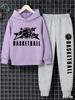 A Casual And Simple Grey Hoodie Sweatshirt Set For 3-12Y Boys With Basketball Pattern Prints, Suitable For Daily Outings