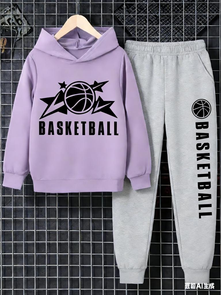 A Casual And Simple Grey Hoodie Sweatshirt Set For 3-12Y Boys With Basketball Pattern Prints, Suitable For Daily Outings