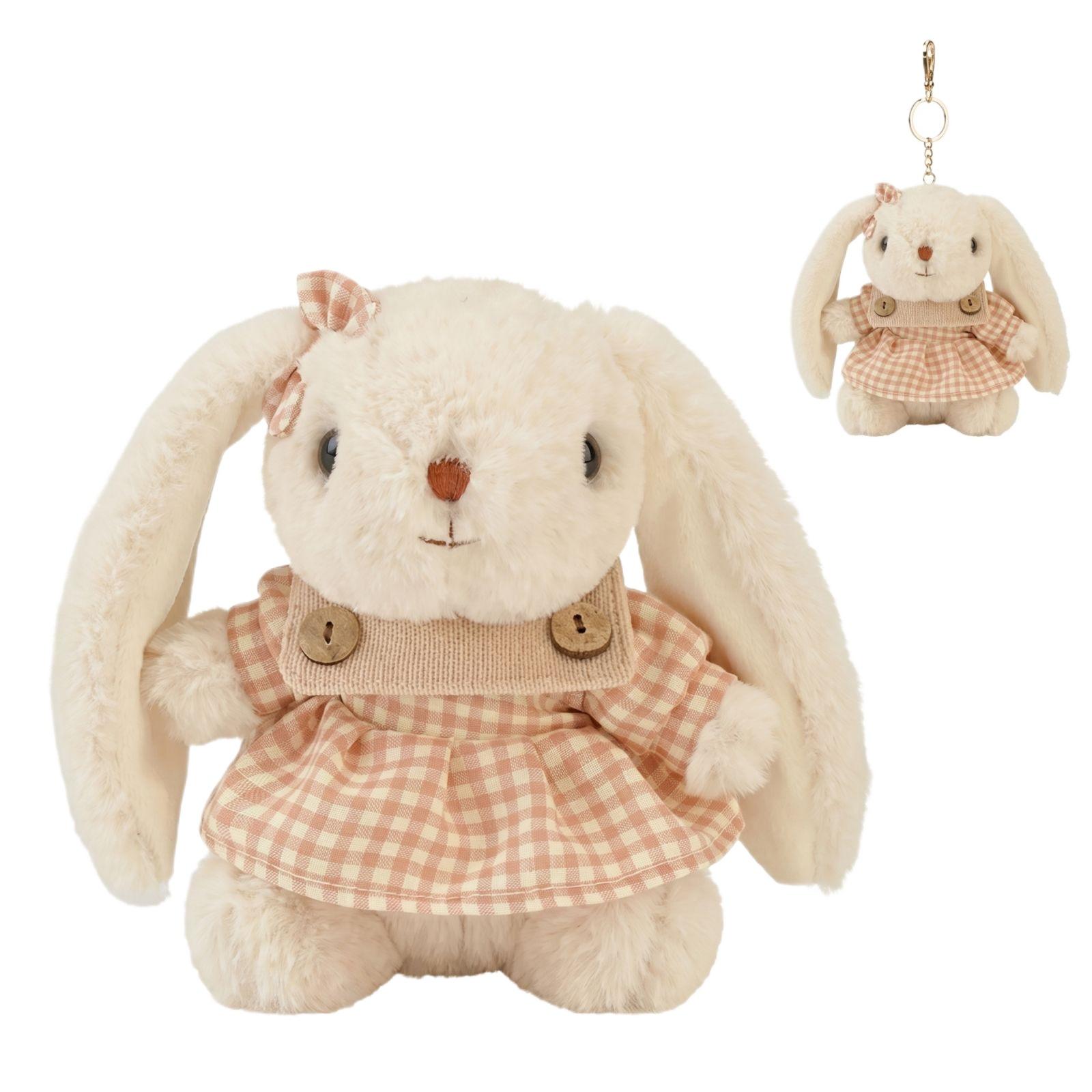 

Plush Bunny Keychain Soft Stuffed Animal Doll with Checkered Dress and Button Details Hanging Accessory for Bags Backpacks and Keys One Size бежевый