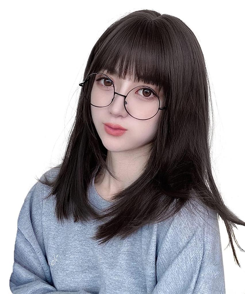 FORCUTEU Wig Black Medium Black Hair Full Wig Straight Natural Small Face Heat Resistant Casual Included Semi-Long Net/Comb