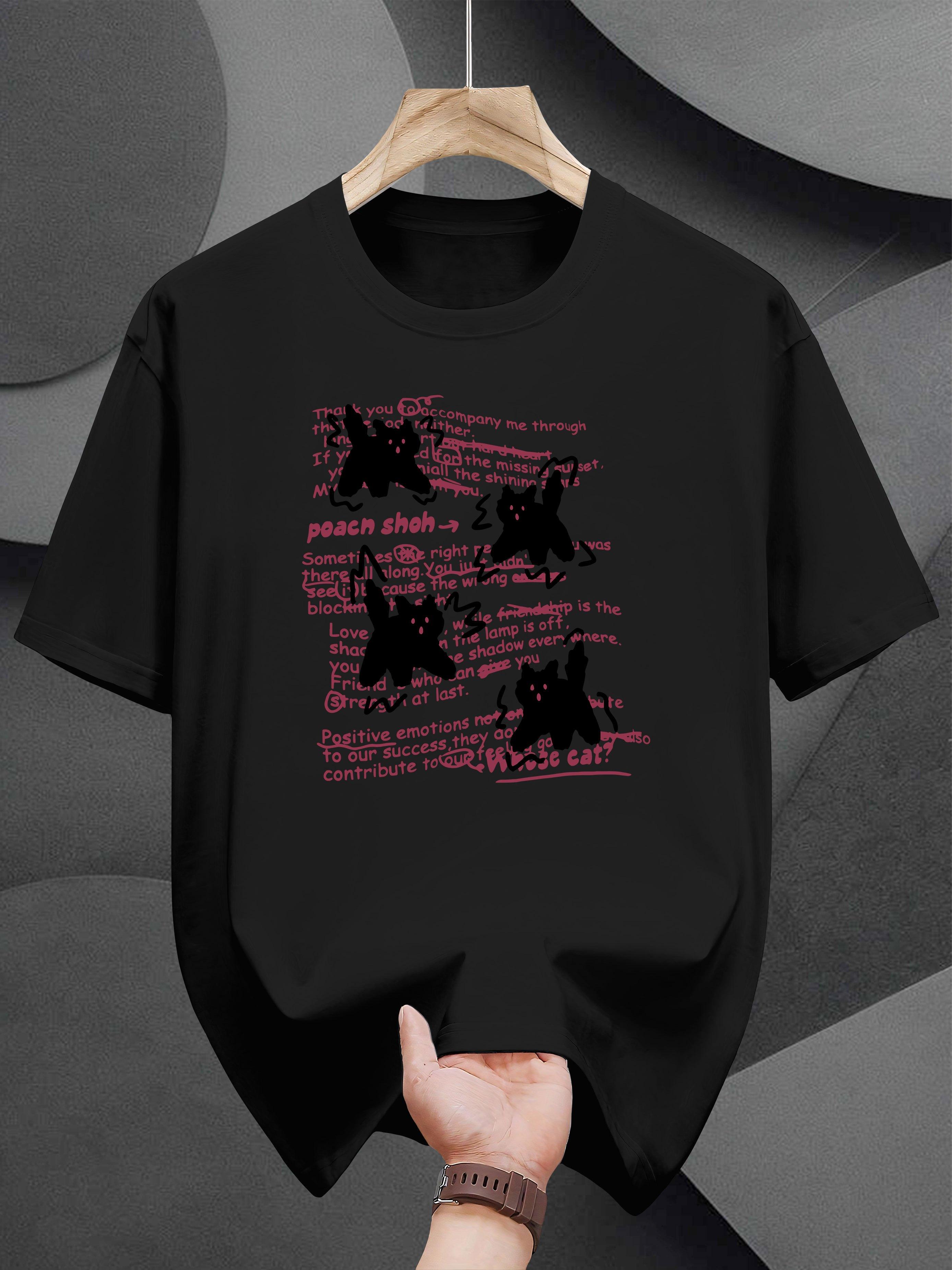 T-shirt with Playful Cat & Text Graphic Print - Navy Blue Casual Summer Tee M