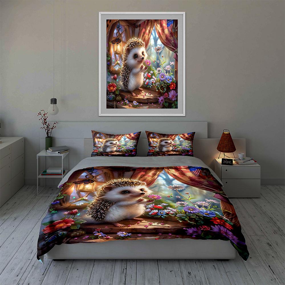 Hedgehog Floral Scene. Bedding Duvet Cover Sets Duvet Covers Pillowcases Gifts (1 * Duvet Cover 2 * Pillowcases, Without Duvet Insert)