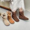 Stivali retrò in pelle nabuk a metà polpaccio con punta tonda e suola piatta, colore unito, scarpe da donna