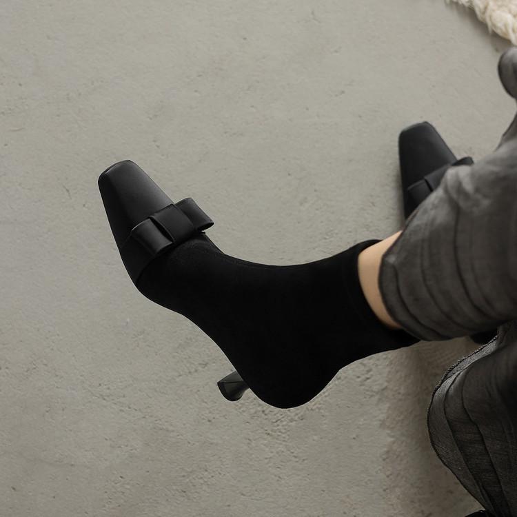 

Внутри и снаружи полностью кожаные квадратный носок бант боковая молния короткий голенище овечья замша корейская версия ретро высокий каблук короткие ботинки женские французские 39