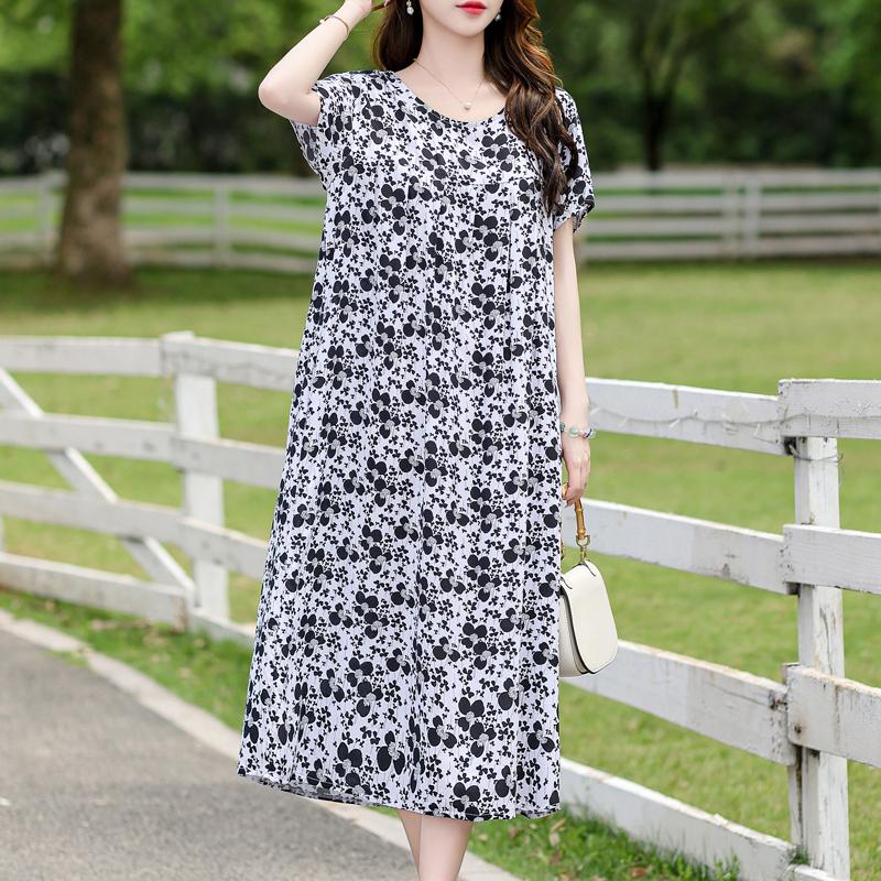 Vintage Print Loose Dresses For Women Plus Size Short Sleeve Casual Long Dress Summer Elegant Middle-aged Women's Clothing