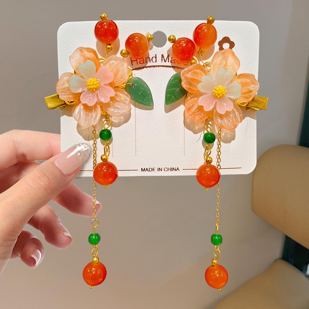 Children's Traditional Hanfu Headdress Hair Clips with Tassels - Handmade Pair for Girls