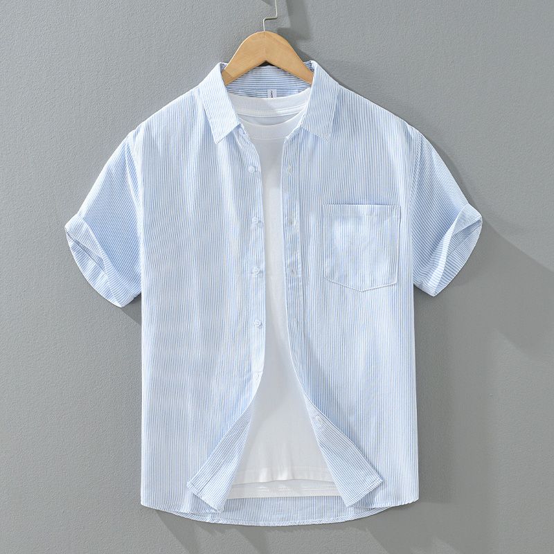 Foreign Trade Surplus Summer Vertical Striped Business Casual Short-Sleeve Men's Shirt, High-End Pure Cotton Half-Sleeve Commuter Shirt
