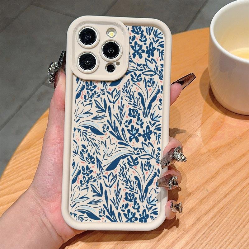 Simple blue line flowers and plants are suitable for Apple 16/15/14 promax mobile phone case 13/12 soft xr/xs anti-drop 11