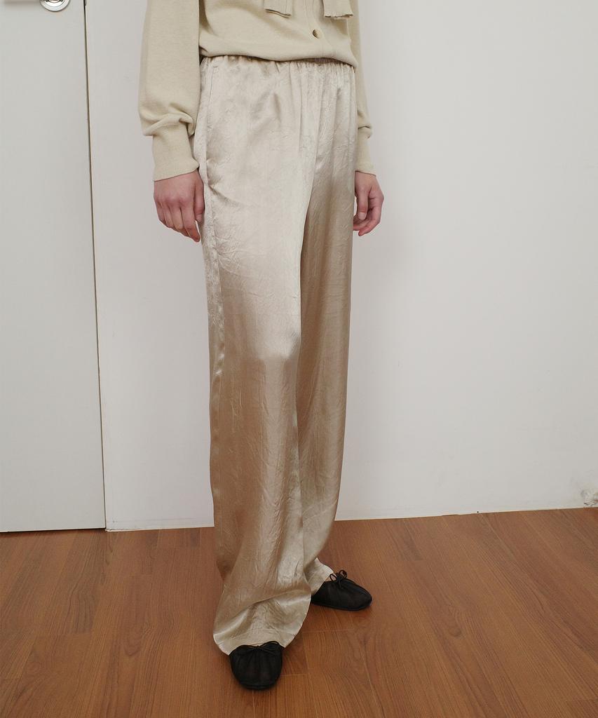 Enor Glossy Satin Banding Pants - Beige