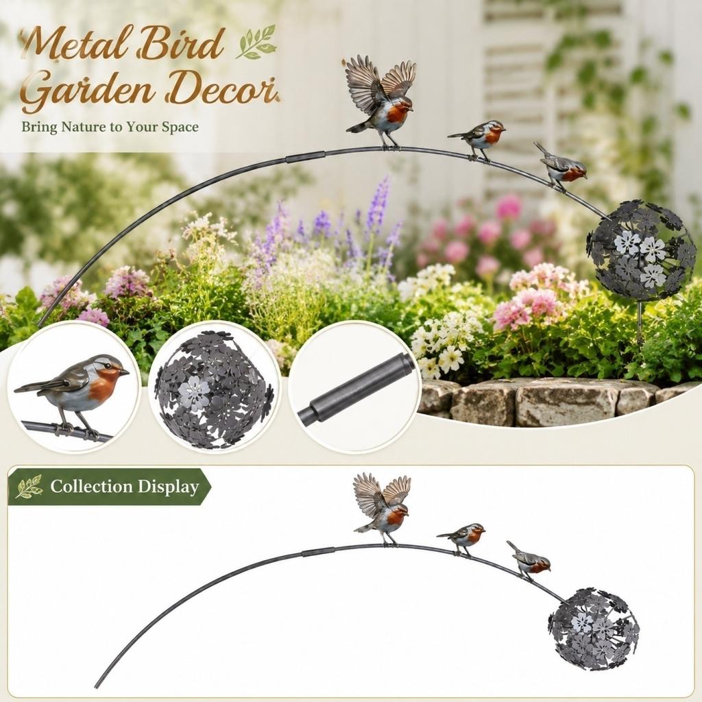 Metal Garden Sculpture Bird Decorative Outdoor Yard Lawn Art Iron Flower Ball Landscape Ornament for Patio Lawn Garden Decoration