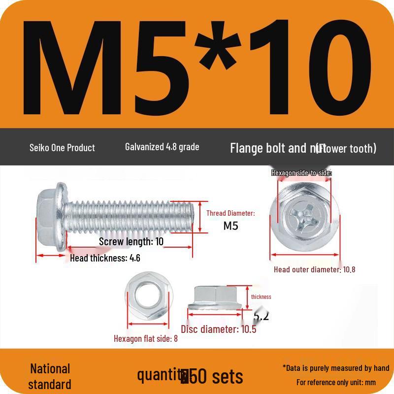 Galvanized Hex Head Bolt & Nut Sets with Washers - Anti-slip (M4/M5/M6/M8, 4.8 Grade)