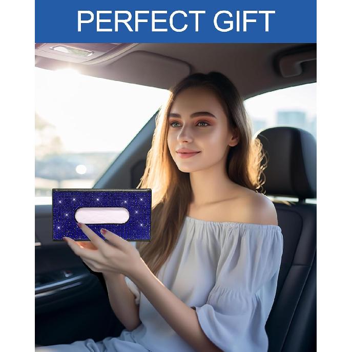 Bling Car Sun Visor Tissue Box Holder,PU Leather With Bling Crystal Rhinestones Tissue Holder,Car Accessories For Women (Blue)