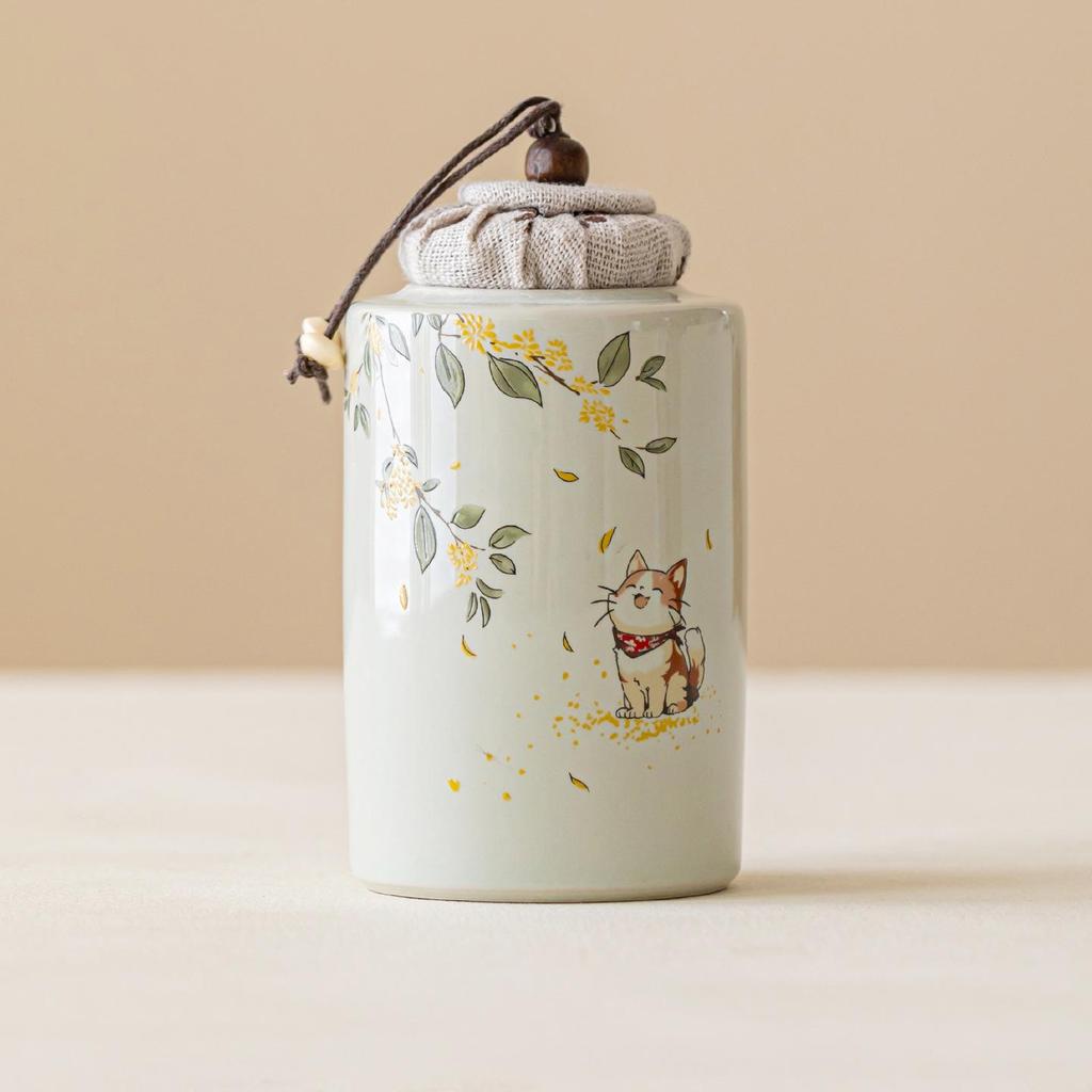 Osmanthus Kitten Exquisite Ash Wood Ceramic Tea Storage Can