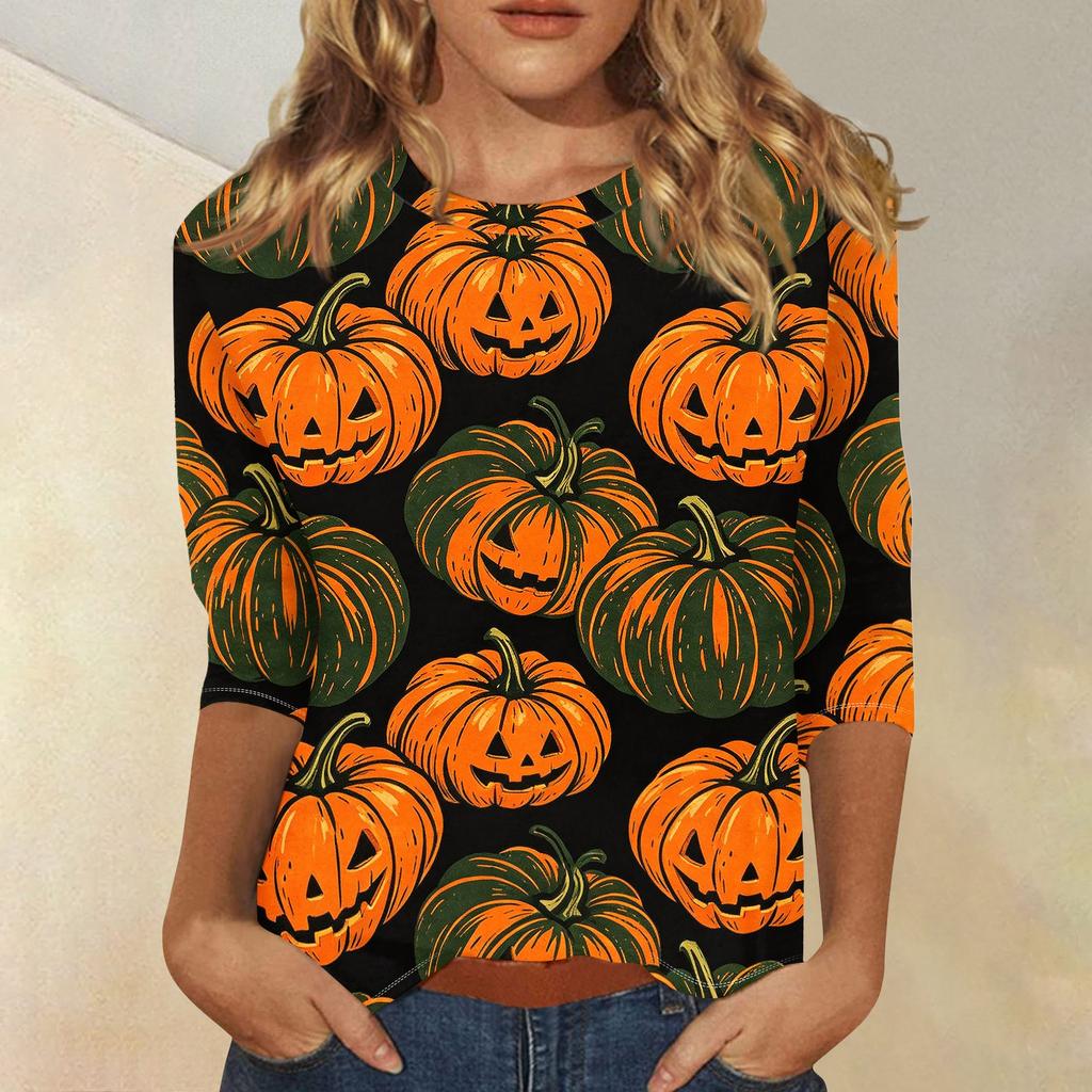Women Casual 3/4 Sleeve Halloween Print Crew Neck Top Lightweight Soft Fabric Comfortable Fit Stretchy Material