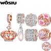 WOSTU 925 Silver Rose Golden Autumn Charm Hollowed-out Beads Glass Pendant Fit Original Bracelet DIY Jewelry Accessory