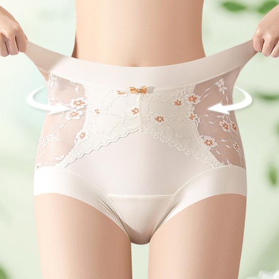 Women's High Waisted Underwear Ladies Sexy Lace Ice Silk Panties Full Coverage Breathable Soft Stretch Briefs