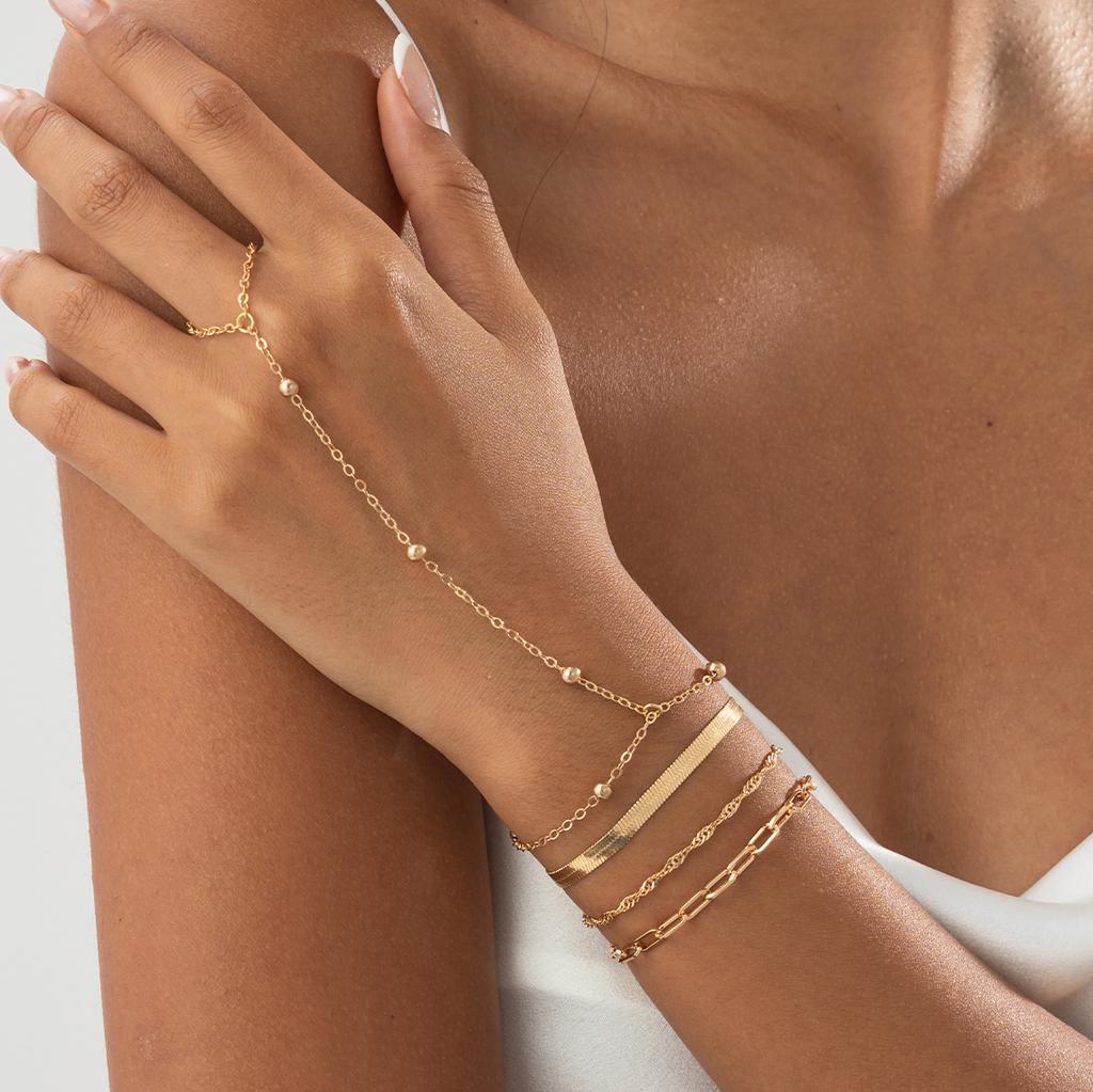 Ingemark 4Pcs/Set Vintage Connect Finger Chain Bracelets for Women on Hand Goth Gold Color Snake Chain Bangles Wedding Jewelry