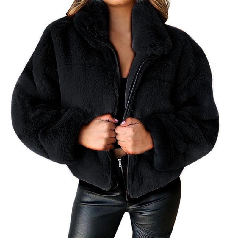 Women's Autumn Winter Faux Fur Short Coats Zipper Plush Warm Oversized Thick Jacket Turn Down Collar Overcoat