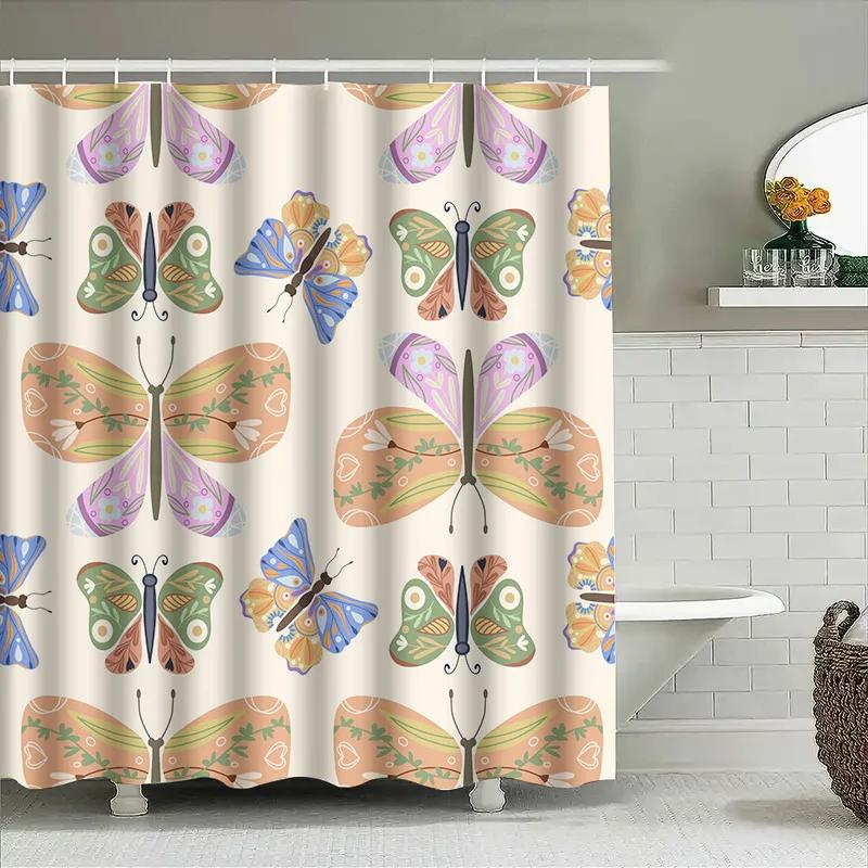 Butterfly Pattern Shower Curtain, Waterproof Fabric, Bathroom Decoration For Kids Bathrooms Peach Green Blue Purple Colorful But