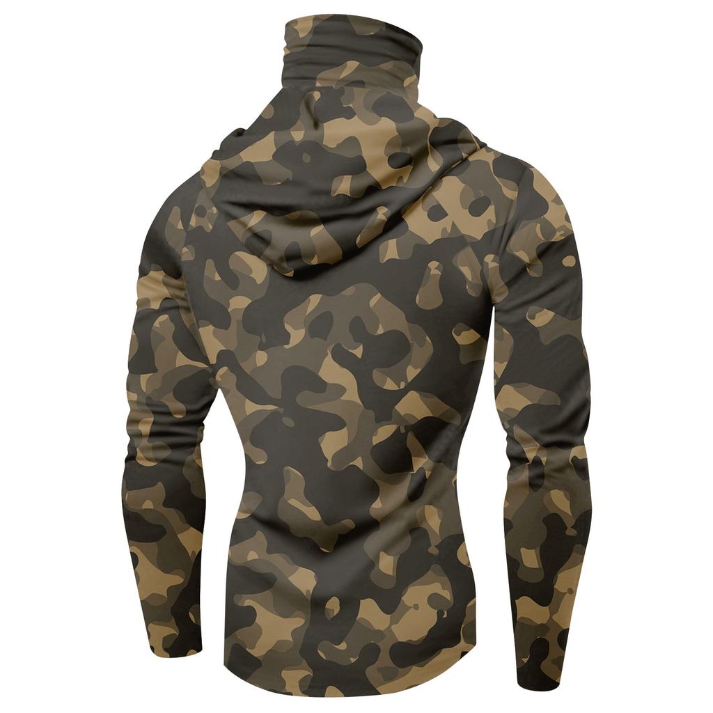Men's Long Sleeve Hoodie with Built-In Face Covering Lightweight Camouflage Print Pullover for Outdoor Activities