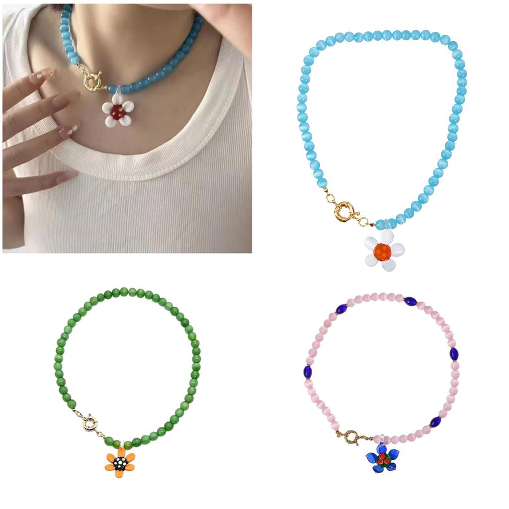 Elegant Flower Necklace Handcraft From Sturdy Stone Glass With Adjustable Length for Fashionable Women Outfits