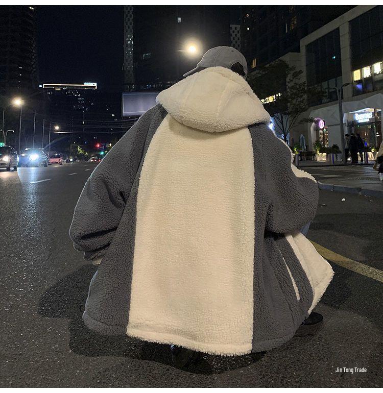 Men's Winter Lambswool Hooded Jacket: Loose, Plush, Trendy Korean Style for Couples.