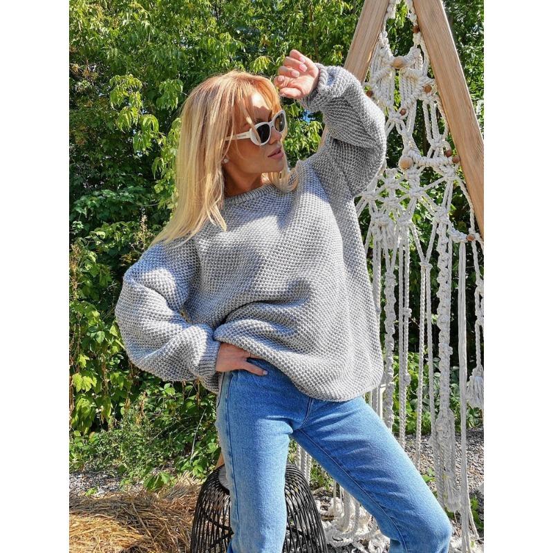 Sweter z okrągłym dekoltem, szydełkowany, gruby, ciepły, damski, z długimi rękawami, dzianinowy, jednolity kolor, luźny, swobodny, podstawowy, koszulowy temperament, dojazd do pracy, jesień, zima