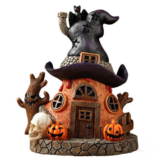Halloweenská socha čarodějnického domu s LED světlem Magický dům Pryskyřičná figurka Socha Ozdoba pro domácí kancelář Stolní dekorace