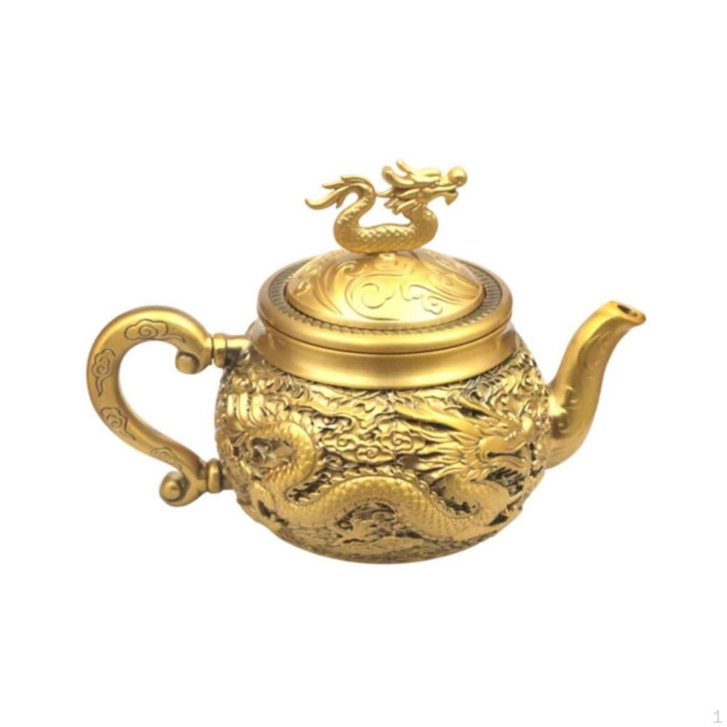 Brass Teapot Ornate with Dragon Lid Embossed Tea Maker for Collectors, Home Decor
