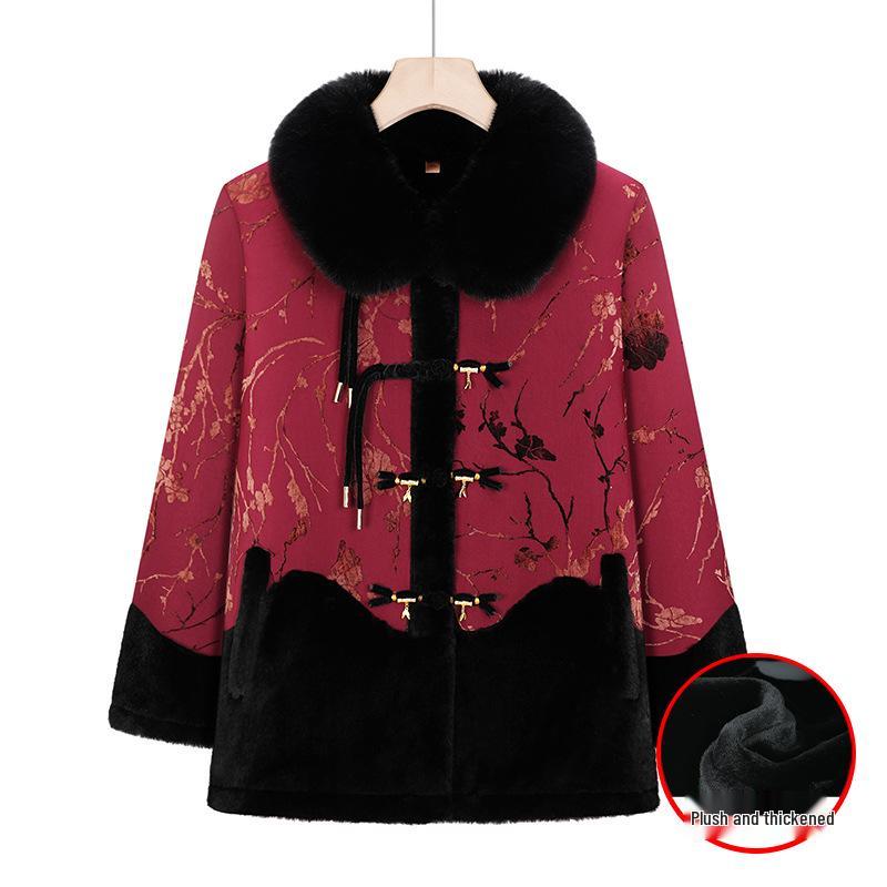 Plush Lined Winter Jacket with Fur Collar for Middle-aged and Senior Women
