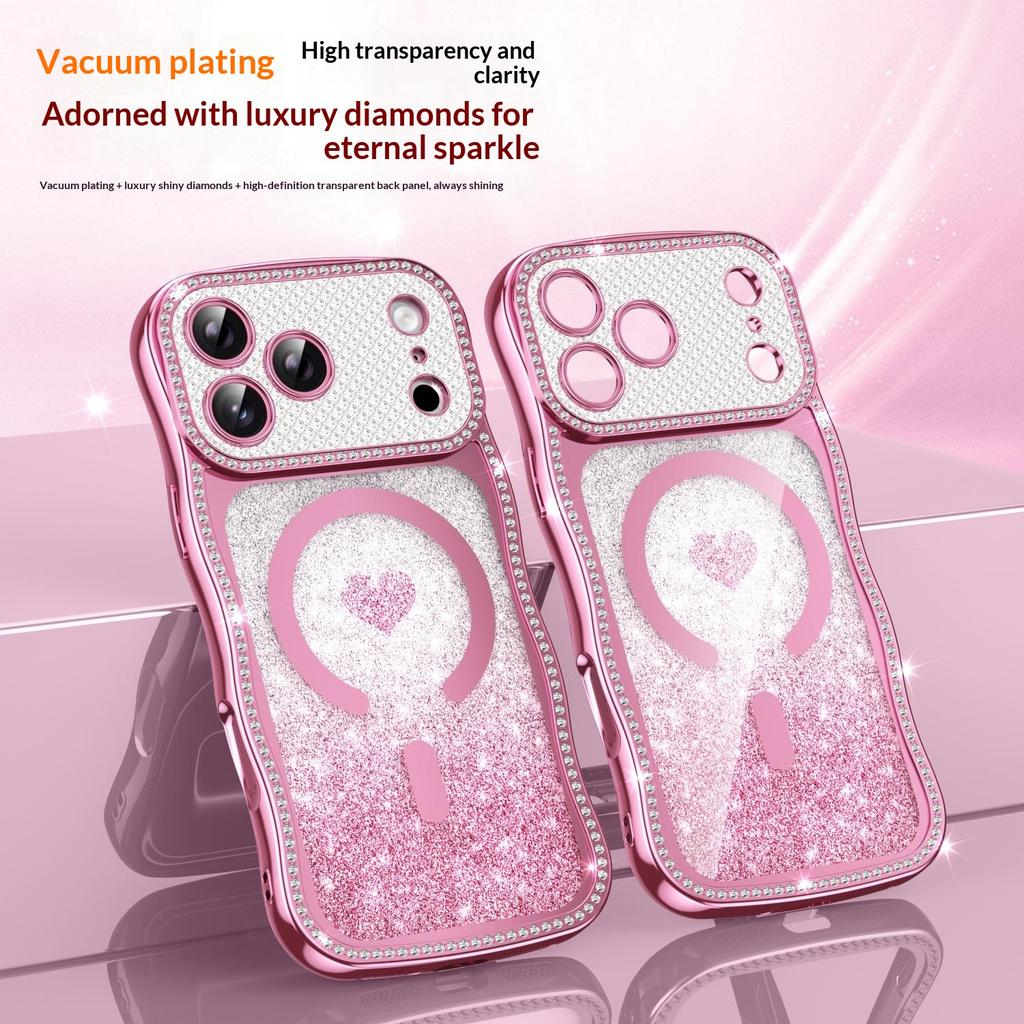 For iPhone 17 Pro Magnetic Case Electroplated Wave Frame Rhinestone Decor TPU PC Phone Cover with Love Glitter Paper