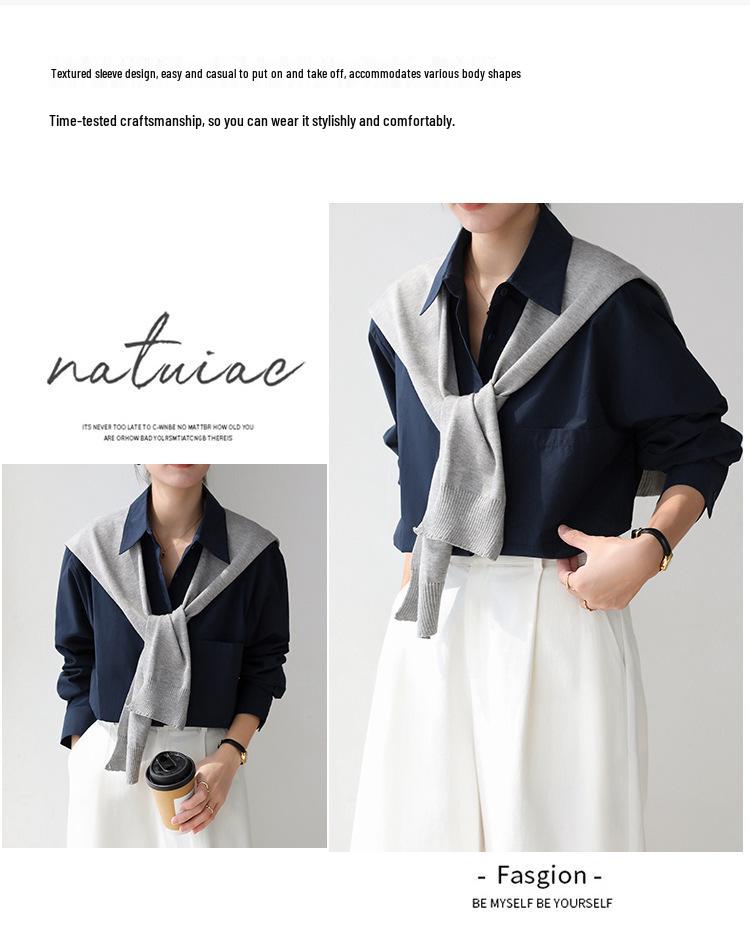 2026 Retro Korean Style Dark Blue Sun Protection Long Sleeve Shirt - Women's Slimming, Loose Fit, Simple Fashion.