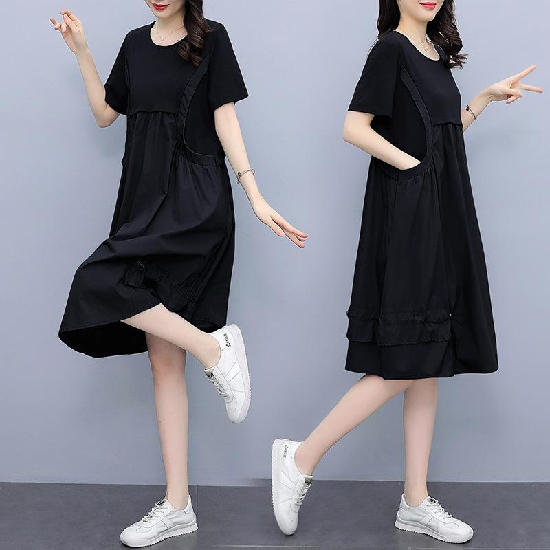 Women's Fake Two Piece Pinafore Midi Dress Color Block Short Sleeve A Line Loose Summer Dress
