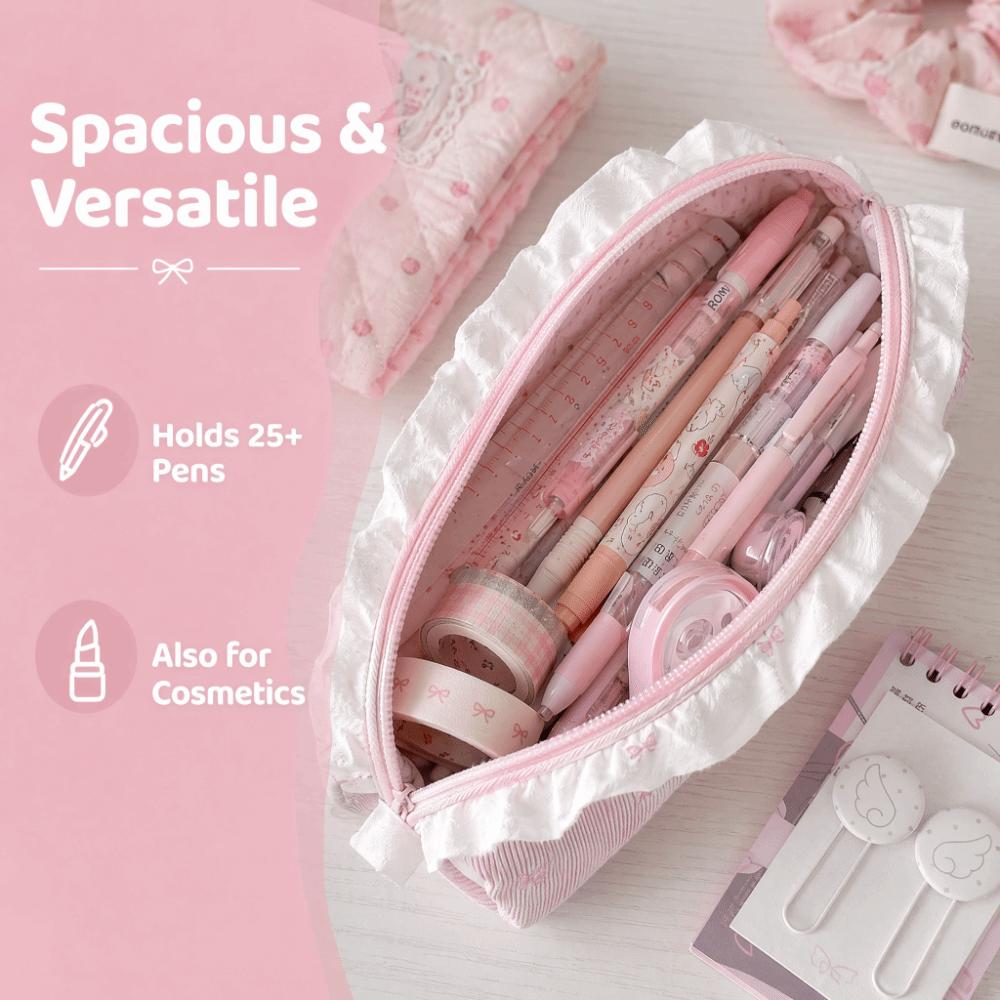 Korean Style Ballet Pencil Case Ruffle Lace Bow Embroidery Pencil Pouch Large Capacity Stationery Organizer Students