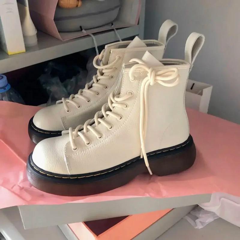Booties with Laces Short Shoes for Women White Lace-up Footwear Biker Female Ankle Boots Round Toe Spring 2025 On Promotion Goth