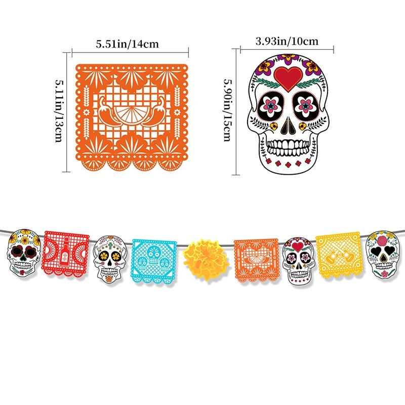 Mexican Day Of The Dead Party Decoration Pull Flag Banner Skull Head Banner Flag Cake Topper Halloween Wall Decoration