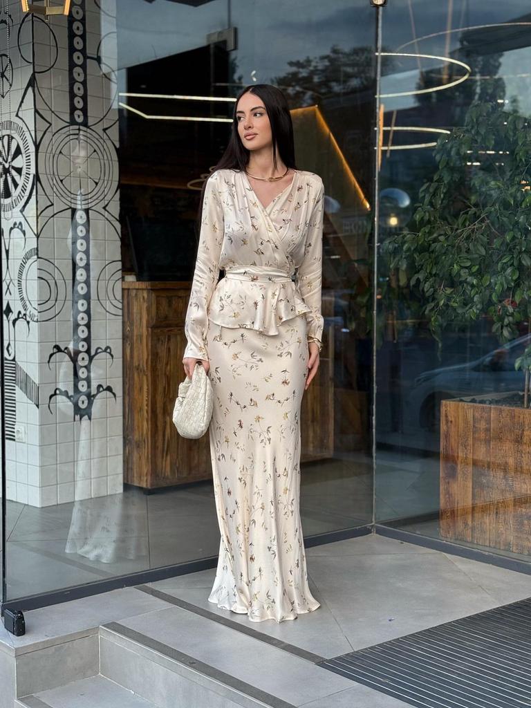 2025 Summer Floral Long-sleeve Tie-up Jacket and Midi Skirt Women's Fashion Set