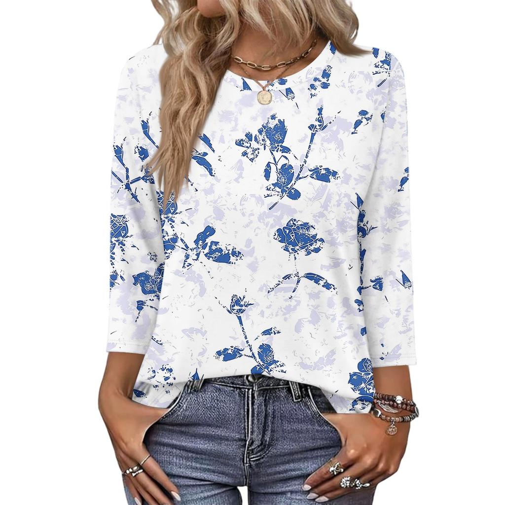 343/4 Sleeve Shirts For Women Cute Print Graphic Tees Blouses Casual Plus Size Basic Tops Pullover