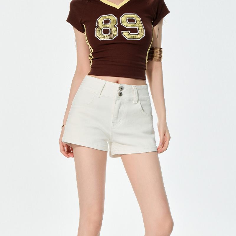 Women's High Waist Denim Shorts Solid Color Stretchy Straight Leg Casual Hot Pants