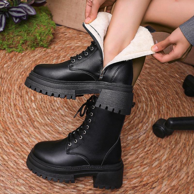 Fashion New Winter Thick Heel Cotton Boots Women's Round Head Front Tie Side Zipper Thick Sole Anti-slip Wear-resistant Short Boots
