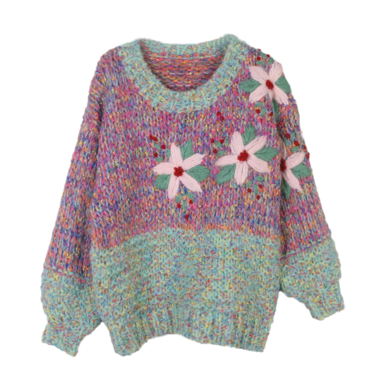 

Chunky Knit Color Block Embroidered Sweater - Loose Fit, Winter Style S