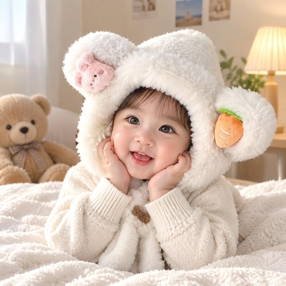 Thick Warm Kids Hooded Scarf Hat Neck Protection Winter Plush Integrated Hat  Snow