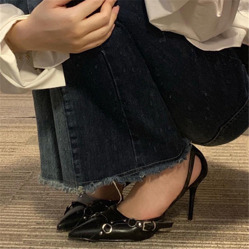 Fashion New European And American Riveted Line Buckle Stiletto Heels Female Sense Black Pointed Shallow Hollow Temperament Single Shoes