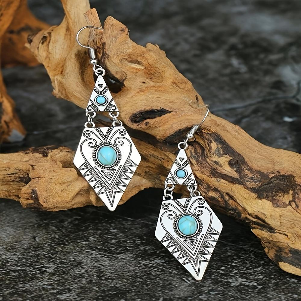 Vintage Bohemian Creative Geometric Rhombus Synthetic Turquoise Handmade Earrings, Alloy Female Wedding Couple Holiday Zircon
