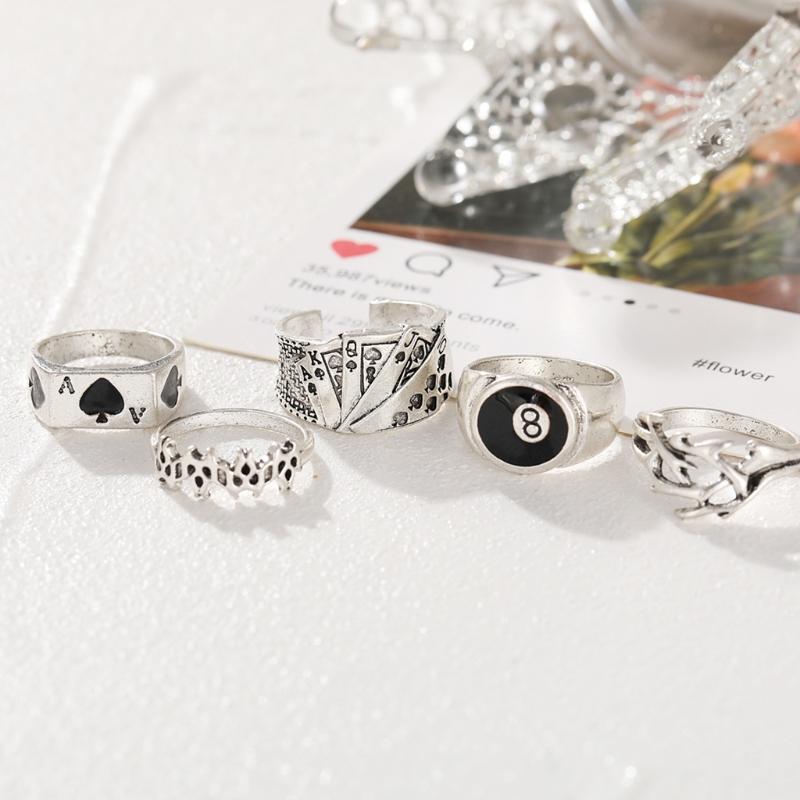 5 Pieces Punk Poker Billiards Rings for Women Funny Goth Hip Hop Retro Fashion Male Couple Birthday Festival Jewelry