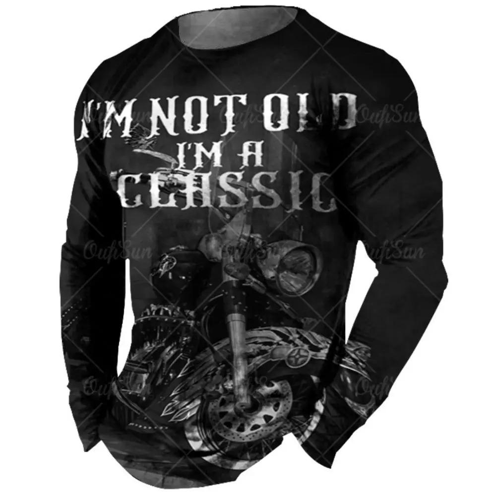 Fashionable Retro 3D Motorcycle Printed Pattern Men's Round Neck Long Sleeved T-shirt
