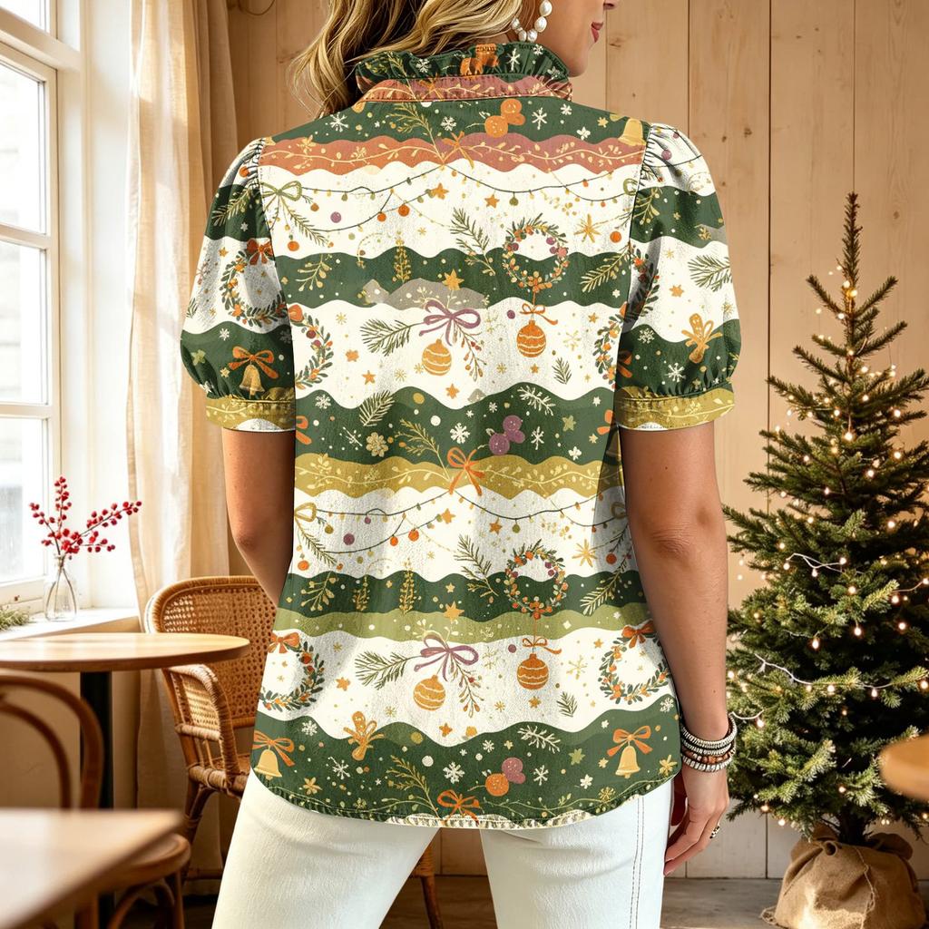 Damen Casual V-Ausschnitt Rüschen Kurzarm Knopfleiste Oberteil mit Weihnachtsdruck