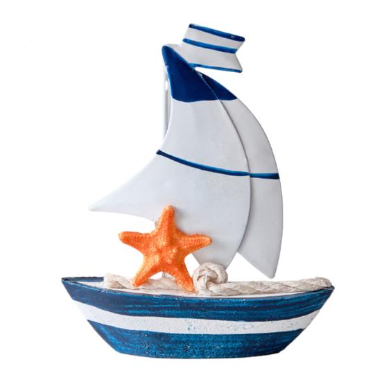 Sailboat Ornament, Wooden Iron Desktop Figure, Small Nautical Tabletop Decoration, Blue White Striped Lifebuoy Starfish Marine Style Ornament