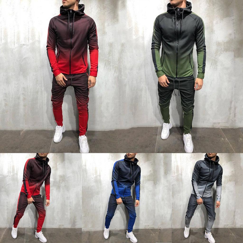 Men's Spring &  Round Neck Hooded Colour Blocking Cardigan Sweatshirt Suit